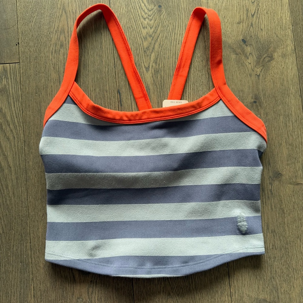 Free People Movement Blue Striped Crop Tank with Bright Orange Trim NWT